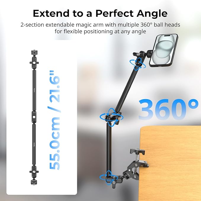 SMALLRIG Desktop Clamp Magic Arm Kit for MagSafe for iPhone, 55cm / 21.6" Two-Stage Adjustable Flexible Arm with Secure Grip for Smartphone, Webcam, Action Cameras - 5626 - Image 3