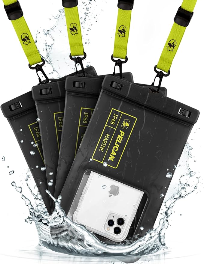 Pelican 4 Pack Marine Waterproof Phone Pouch (XL) - Black/Hi-Vis Yellow | Touchscreen IP68 Floating Waterproof Phone Case w/Detachable Lanyard - Fits All Phones - Beach Cruise Ship Travel Essentials by Pelican