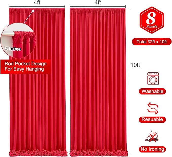Red Backdrop Curtains 8 Panels-Wrinkle-Free Polyester Photography Drapes Party Photo Backgrounds for Wedding Christmas Photo Backdrops- 32 X10FT (Red) - Image 2