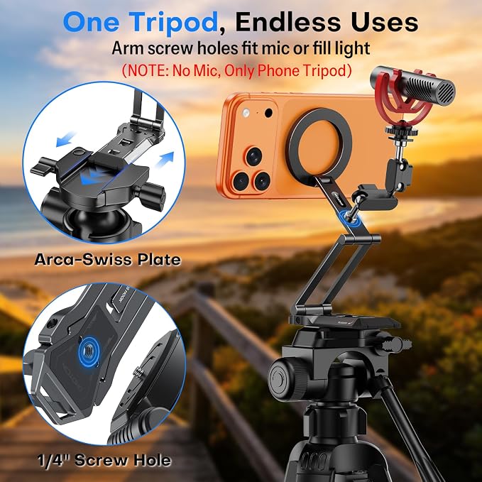 OMOTON TP06-E [3-Adjust] Sturdy Compact Magnetic Phone Tripod for iPhone 17 | Mini Phone Stand for MagSafe, Two 1/4" Screw& Arca, Fold Hook, Fits Vlog, Creators, Live, Women Men Gift, Travel Essentials - Image 2