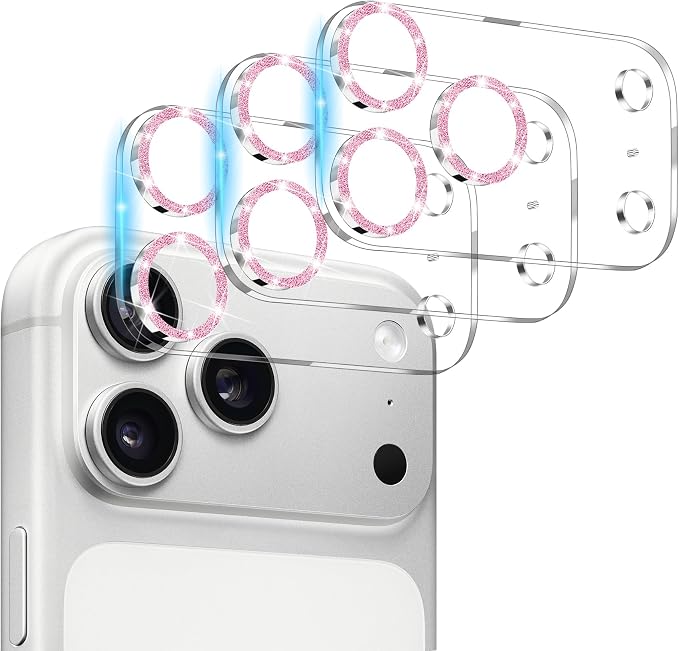 Dengduoduo 3 Pack Camera Lens Protector for iPhone 17 Pro, Tempered Glass, Ultra HD, 9H Hardness, Anti-Scratch, Case Friendly,[No Affect on Night Shots], Glitter Pink by Dengduoduo