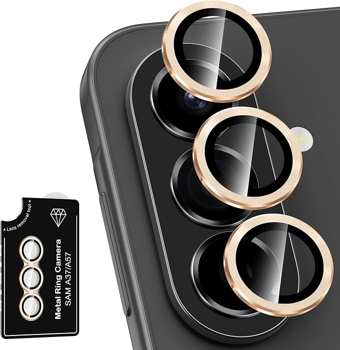 for Samsung Galaxy A37/A57 Camera Lens Protector, Individual Metal Ring Tempered Glass Lens Cover, [Strong Adsorption] Scratch Resistant Ultra-Thin HD Clear Lens Cover, 1 Set-Gold by Btscase