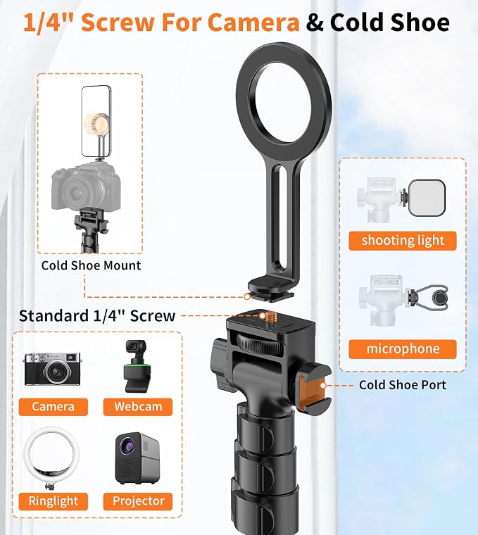 74" Magnetic Phone Tripod with Phone Clip for Magsafe, Camera Tripod | Aluminum Phone Tripod with Remote & Cold Shoe,Camera Stand Tripod for iPhone/Canon/Nikon/DSLR/Digital Camera Accessory Kits - Image 7