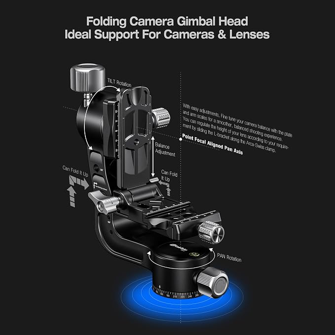 Leofoto Camera Gimbal Head, Aluminum Folding Gimbal Head with 3/8"-16 Hole and 1/4"-20 Threaded for Mounting Tripod/LED Panels/Monitors/Microphones, Max Load to 25kg/55.12lb (PG-2-Black) - Image 2
