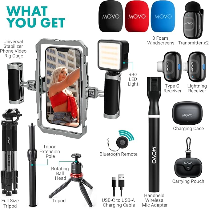 Movo iFilmer-PRO Smartphone Video Rig Kit | Stabilizer Cage with Dual Grips, Wireless Lavalier Microphones, Full Sized Tripod, iPhone/Android - Image 2