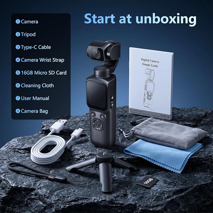 4K Vlogging Camera, Pocket Digital Camera, 330° Rotating Lens | Auto subject framing and WiFi sharing for YouTube, TikTok and travel, includes 16GB card, mini tripod and carrying bag - Image 7