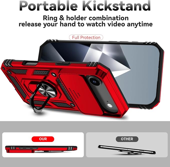 SunStory Phone Case for iPhone Air Case with HD Screen Protector & Slide Camera Cover & Rotated Ring Kickstand, [Military-Grade] Phone Case for iPhone 17 Air, Red - Image 2