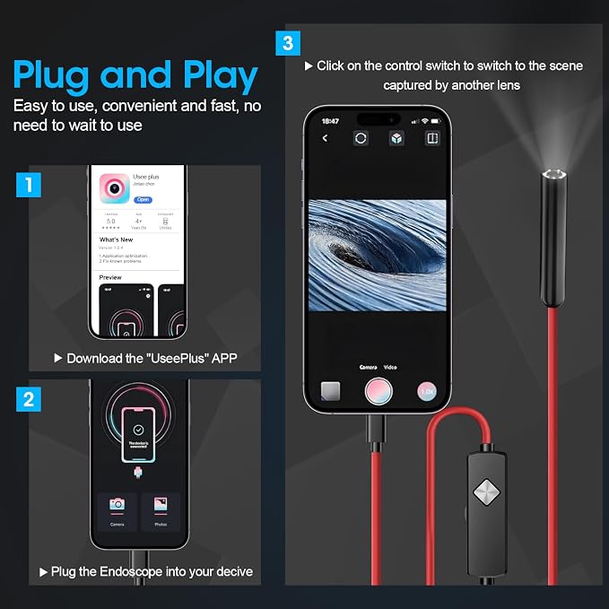 Endoscope with Light, 1920P HD Borescope with 8 Adjustable LED Lights, Semi-Rigid Snake Camera, IP67 Waterproof Inspection Tool (16.4ft, Red Harness + Single Lens) - Image 7