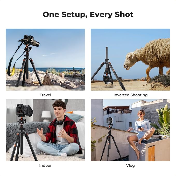 K&F CONCEPT 64" Carbon Fiber Camera Tripod with 1.4" Metal Ball Head | Lightweight Travel Tripod, Max Load 17.6lbs, Quick Release Plate, For DSLR Camera Indoor Outdoor, O254C2+BH-36 - Image 7
