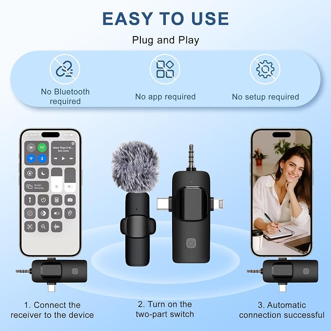 Labstandard 3-in-1 Wireless Lavalier Microphone for iPhone & Android - Studio Quality Sound with Noise Cancel, Plug & Play Mini Mic for Recording, Vlogging & Live Streaming - Image 5