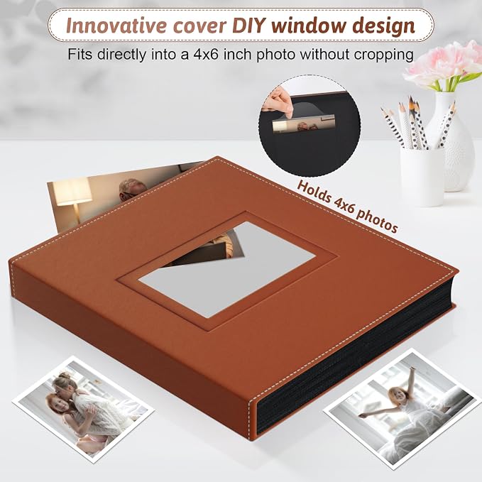 Popotop 4x6 Photo Album Holds 300 Pictures, Vegan Leather Hardcover | 300-Photos Capacity, Acid-Free PP Slip-In Pockets, Mixed-Orientation Layout, Front Photo Window, Gifts for Wedding Baby - Image 2