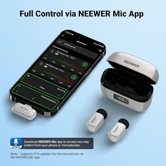 NEEWER KM19 Wireless Lapel Microphone Compatible with iPhone 17 16, Silver | Compatible with iPhone Android & PC, Mini Lav Mic, App Control, 3 Level Noise Cancelling, 30H Battery, 100m, Video Recording - Image 9