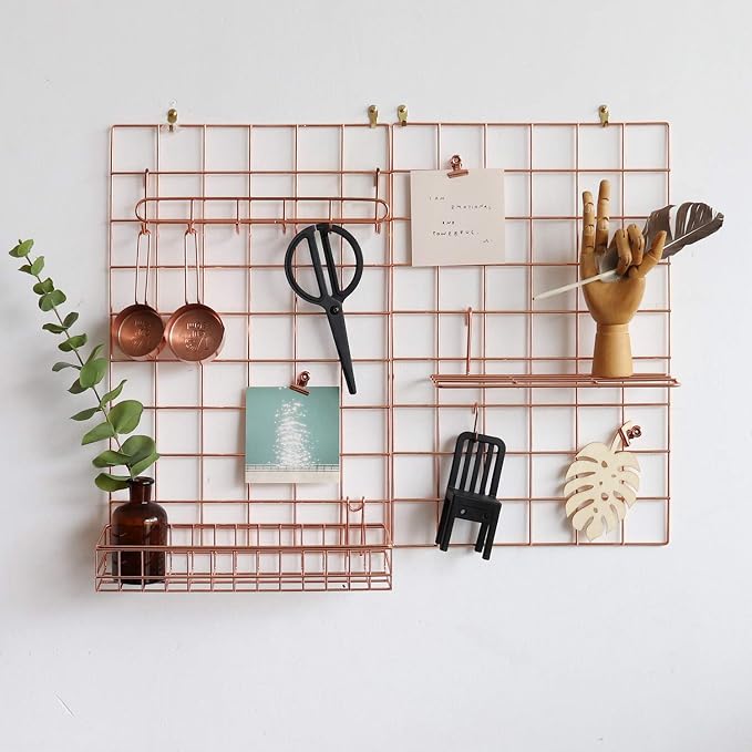 Wall Grid Panel for Photo Display,Wall Storage Organizer ,5 Metal Clips & 3 S Hooks & 4 Nails & 4 Plastic Hanging Buckles and 4 Screws Offered,Size 17.5" x 11.8",2 Pack(Rose Gold) - Image 3