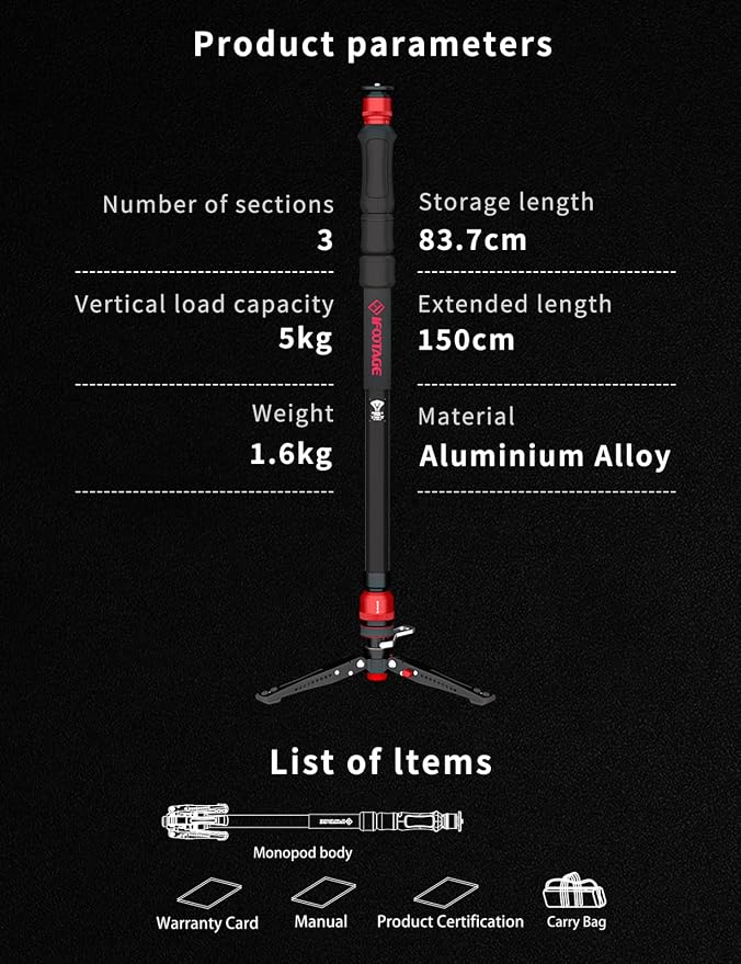 IFOOTAGE Cobra 3 Strike A150S Aluminum Camera Monopod 59" | Travel Monopod with Feet, 1/4" & 3/8" Quick Release Compatible with Sony Canon Nikon DSLR Camera, Payload 11lb - Image 9