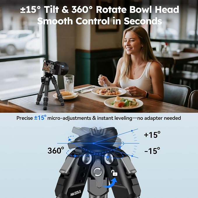 SIRUI AM-223LS Carbon Fiber Mini Tripod, Bowl Base, ±15° Tilt | 33LB Load, 1.63LB Weight, 8.82" Folded, 360° Pan, Camera, Phone, Vlogging, Compact Travel - Image 2