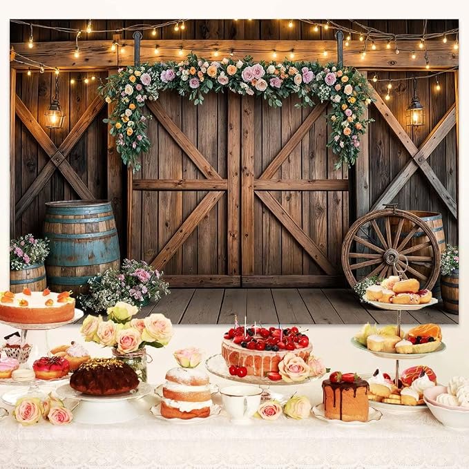 6x6ft Country Wedding Photography Backdrop Rustic Barn Door Photography Backdrop Farmhouse Pink Flower Cabin Wooden Birthday Baby Shower Wedding Bridal Party Banner Photo Booth Props Background - Image 3