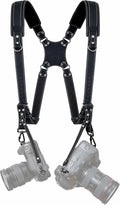 Padwa Lifestyle Black Frosted Dual Camera Harness Strap with Padded for Two Cameras -Full Grain Leather Dual Camera Harness,Multi Camera Gear for DSLR/SLR Strap,Double Camera Harness for Photographers by PadwaLifestyleCameraStrap
