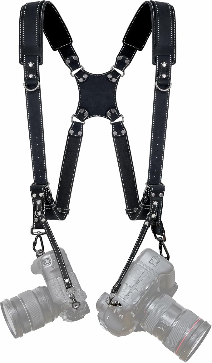 Padwa Lifestyle Black Frosted Dual Camera Harness Strap with Padded for Two Cameras -Full Grain Leather Dual Camera Harness,Multi Camera Gear for DSLR/SLR Strap,Double Camera Harness for Photographers by PadwaLifestyleCameraStrap