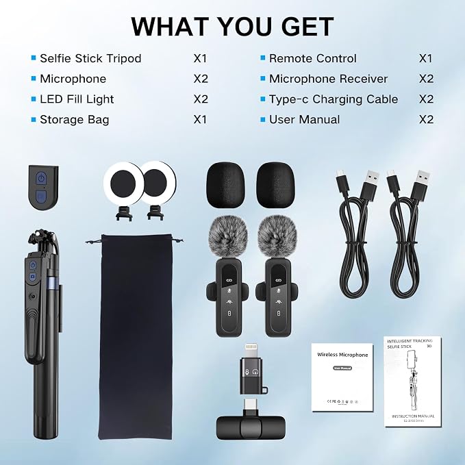 Content Creator Vlogging Kit for iPhone/Android,70-inch Auto Face Tracking Tripod for iPhone with Light and Wireless Microphones,TikTok/YouTube Starter Kit - Image 6