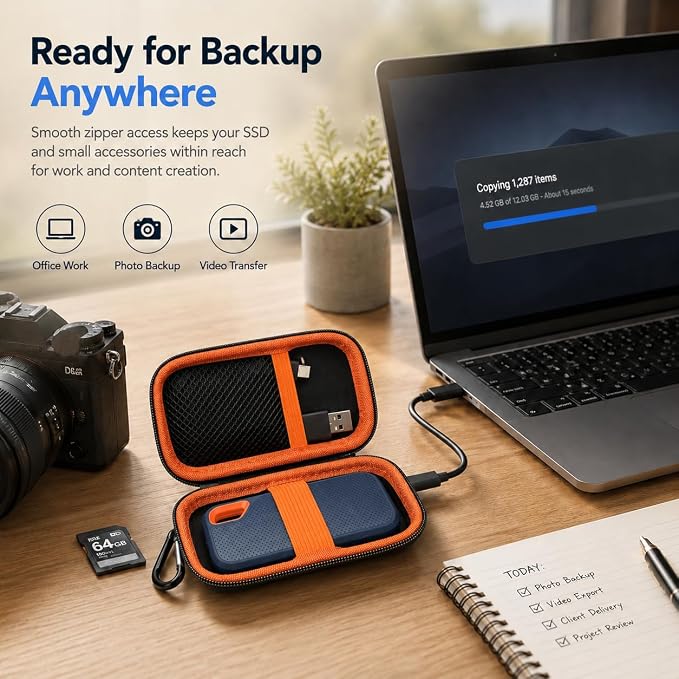 SSD Case for SanDisk Extreme Portable SSD & Extreme PRO, Hard Shell Protective Storage Bag with Carabiner, Fits 1TB 2TB 4TB 8TB External Solid State Drive for Business Travel(Orange) | Elastic Strap Secures the SSD, Mesh Pocket Organizes Cables, Carabi... - Image 6