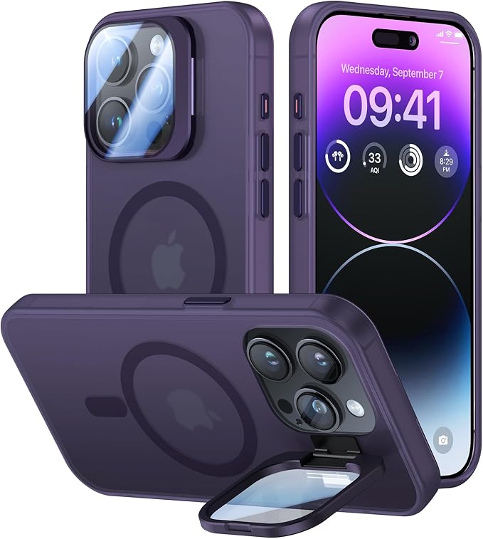 VOFATA for iPhone 15 Pro Case with Camera Cover Stand [Built-in 9H Camera Lens Protector][Fit for Magsafe] Military Grade Shockproof Translucent Matte Magnetic Phone Case 6.1", Purple by VOFATA