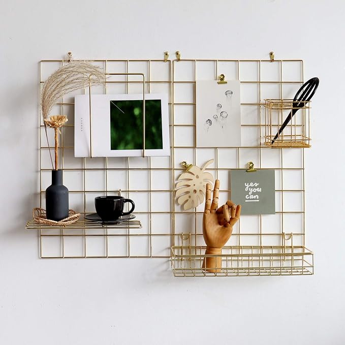 Wall Grid Panel for Photo Display,Wall Storage Organizer,5 Metal Clips & 3 S Hooks & 4 Nails & 4 Plastic Hanging Buckles and 4 Screws Offered,Size 17.5" x 11.8",2 Pack(Gold) - Image 3