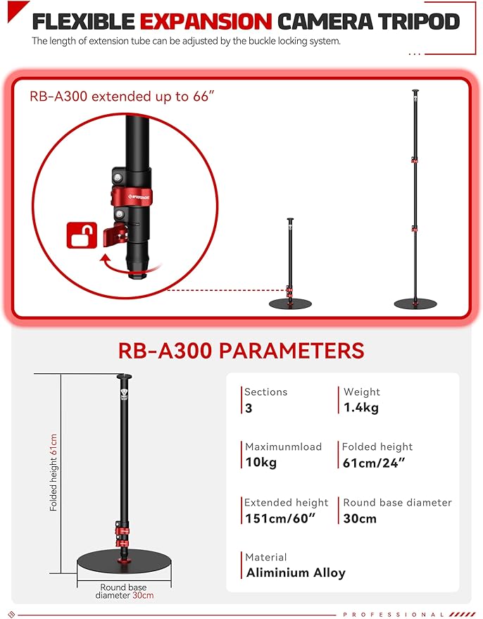 IFOOTAGE A300 Round Base Monopod 60" Aluminum Camera Floor Stand | Tripod Alternative with 1/4" & 3/8" Screw Light Adapter for Camera Tripod Head Ring Light Webcam, Payload 22lb - Image 5
