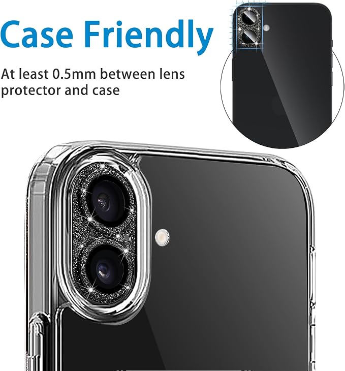 Compatible with iPhone 16 and 16 Plus Camera Lens Protector, Bling Sparkle Lens Cover 9H Tempered Glass Anti Scratch Shockproof Full Protective Camera Cover for Women Girls, Black - Image 5