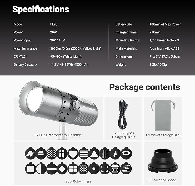 NEEWER BASICS 20W RGB Photography Flashlight with 4 Colors/20 Gobo Filters, Built in 49.95Wh Battery, 6300K CRI95+ Portable LED Spotlight Ambient Sunset Light for Video Recording Studio Lighting, FL20 - Image 9
