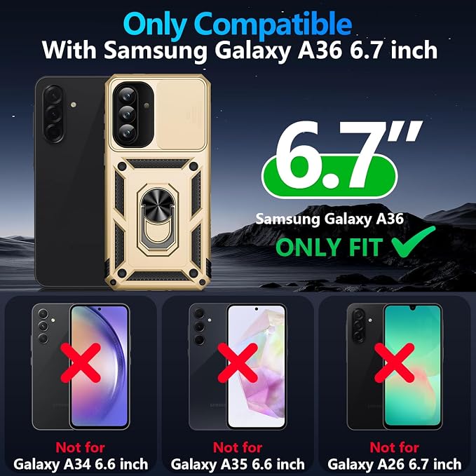 Taisairu for Samsung Galaxy A37 Case/A36 Case with Screen Protector & Slide Camera Lens Cover, Built-in Ring Stand Shockproof Protective Case for Samsung A37 5G Case/Samsung A36 5G Case (Gold) - Image 9
