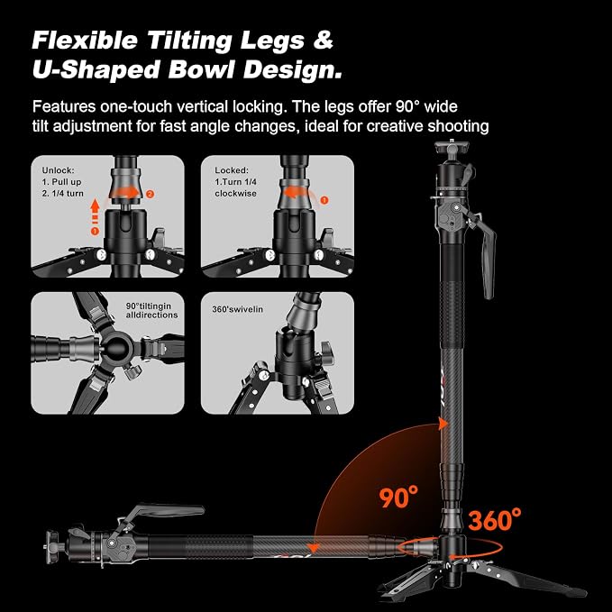 M1mini Carbon Fiber Monopod for Camera, 4-Section One-Button Lifting, Compact Portable Monopod with A32 Ball Head for Camera, Outdoor Travel Photography, Max Load 5kg, M1mini-A32 - Image 4