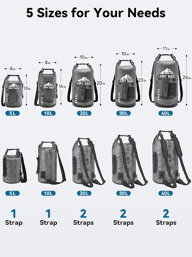 HEETA Dry Bag Waterproof Backpack with Phone Case 5L/10L/20L/30L/40L | Roll Top Lightweight Dry Storage Bag for Women Men, Travel Boating Kayaking Paddle Board Camping Beach Essentials Accessories - Image 2