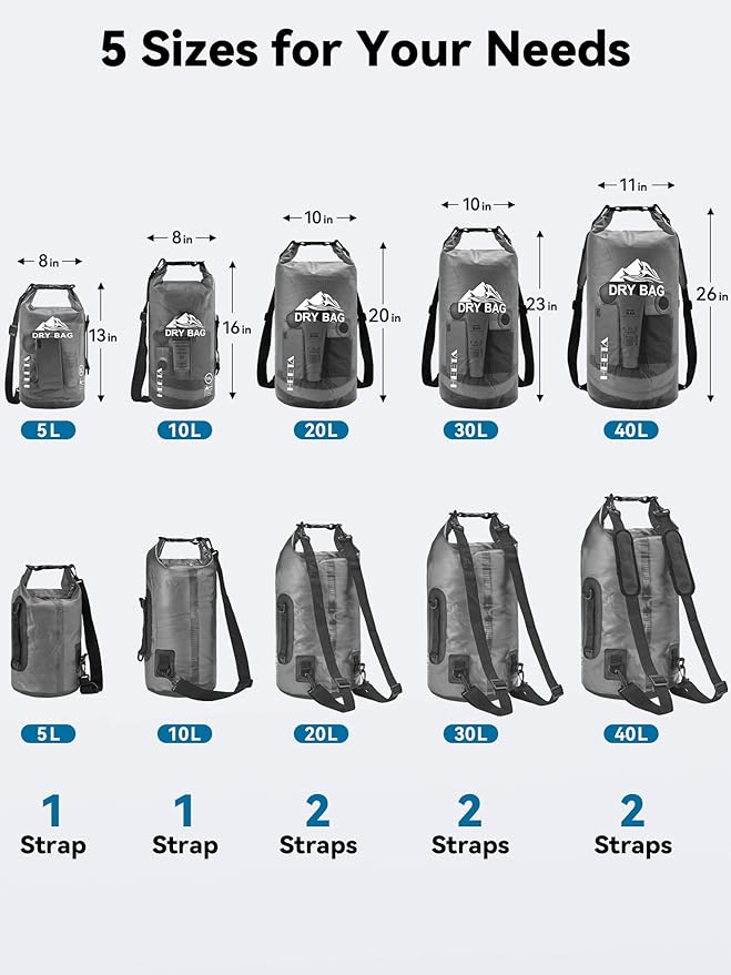 HEETA Dry Bag Waterproof Backpack with Phone Case 5L/10L/20L/30L/40L | Roll Top Lightweight Dry Storage Bag for Women Men, Travel Boating Kayaking Paddle Board Camping Beach Essentials Accessories - Image 2
