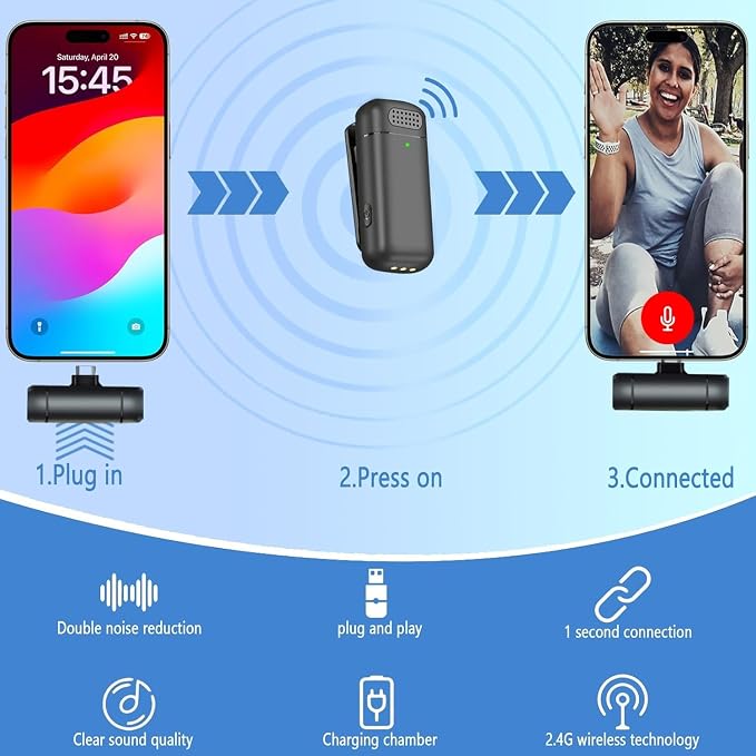 2 Pcs 3 in 1 Wireless Lavalier Microphones for iPhone iPad USB C Android Laptop with Charging Case, Clip on Lapel Mic Plug-Play Cordless Mini Mic for Video Recording Vlogging, YouTube, Interview - Image 4