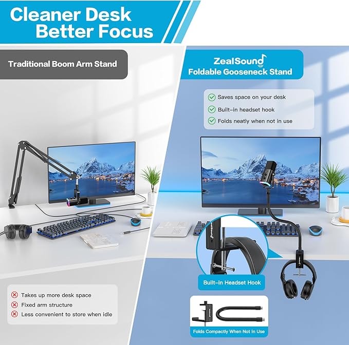 ZealSound Microphone Stand Gooseneck 19”, Flexible Clamp-On Desktop Mic Stand with 360° Adjustable Arm, 3/8" to 5/8" Adapter, Heavy-Duty Desk Mount, for Podcasting, Streaming, Podium & Public Speaking - Image 6