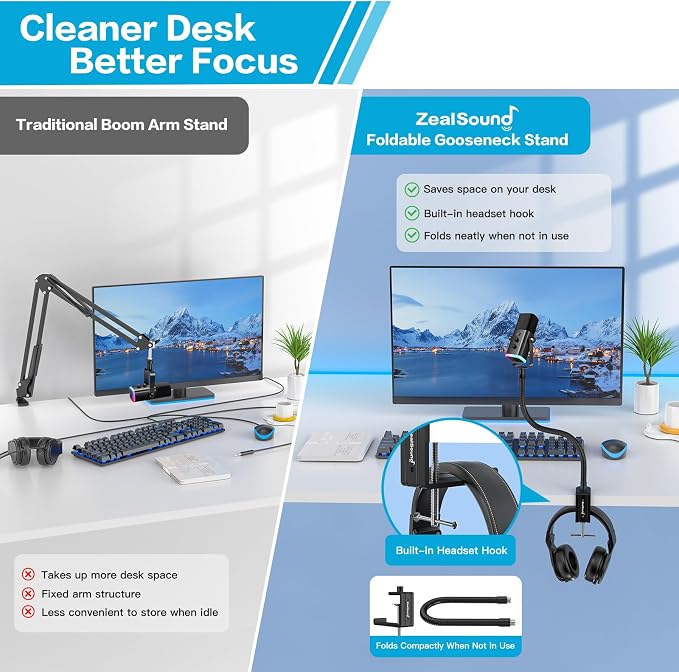 ZealSound Microphone Stand Gooseneck 13”, Flexible Clamp-On Desktop Mic Stand with 360° Adjustable Arm, 3/8" to 5/8" Adapter, Heavy-Duty Desk Mount, for Podcasting, Streaming, Podium & Public Speaking - Image 6