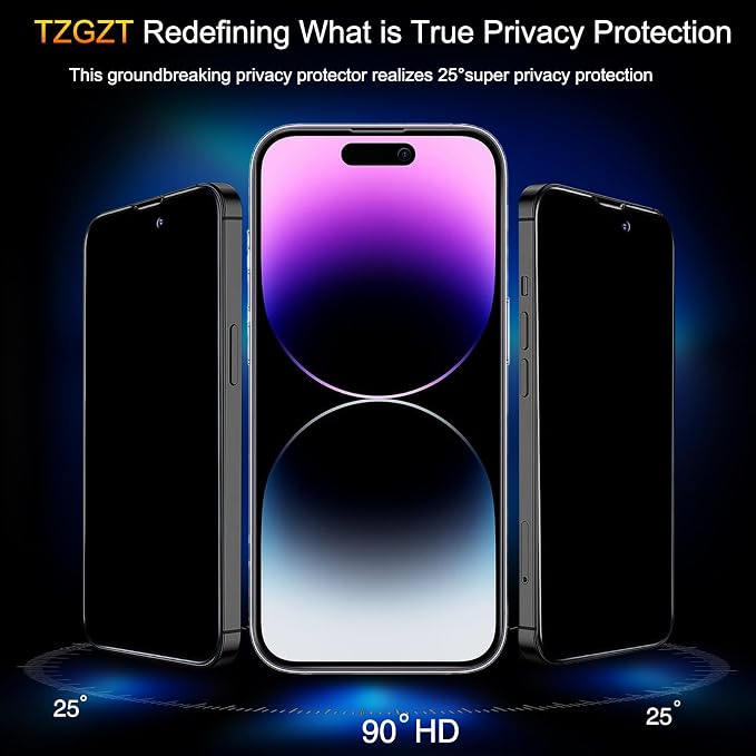 TZGZT Privacy Screen Protectors for iPhone 14 Pro Max, Tempered Glass, HD | 3 Pack, 9H+ Hardness, Military Grade Shatterproof, Easy Installation, Bubble Free, Case Friendly, Dynamic Island Compatible - Image 3