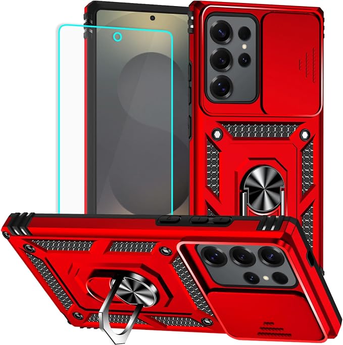 HNHYGETE for Samsung Galaxy S25 Ultra Case with Screen Protector: [Military Grade 20ft. Drop Tested] Slide Camera Cover Ring Shockproof Protective Phone Case for - Galaxy S25 Ultra (Red) by HNHYGETE