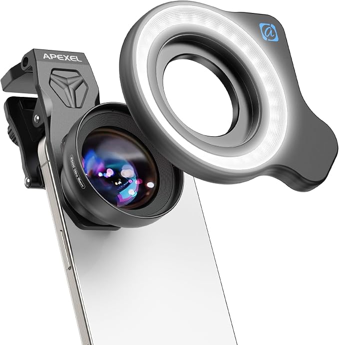 Upgraded Professional Macro Lens for Smartphone with Ring Light, HB100U Macro Photography Lens, Aluminum Phone Camera Lens Kit with Universal Clip. Phone Lens Attachment Fit for iPhone/Android Phone by Evileye