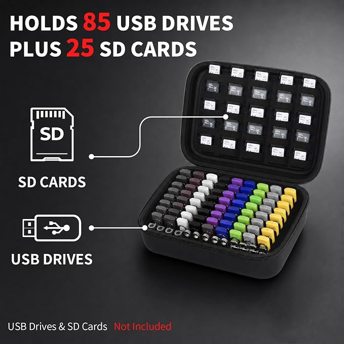 Comecase USB Flash Drive Case, Holds 85 USB Drives and 25 SD Cards | Pre-Cut Foam Stores 85 USB & 25 SD Cards; EVA Hard Shell, Black, X-Large, Case Only - Image 2