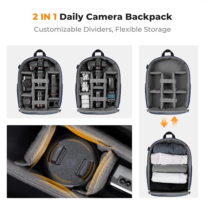 K&F CONCEPT Camera Backpack, DSLR/SLR/Mirrorless Photography Camera Bag | 14in Laptop Compartment & Rain Cover, 600D Fabric for Travel & Daily, Men & Women, Dual-Mode Detachable Dividers, Blue, B19 - Image 7