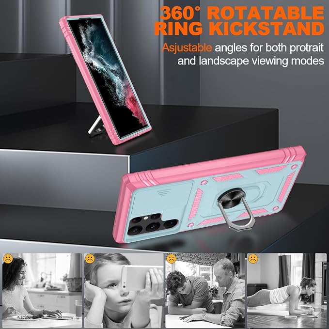 Gritup for Galaxy S22 Ultra Case Military-Grade Shockproof with Kickstand | with 2 PCS Screen Protector, Slide Camera Cover, Heavy Duty Outdoor Protection Funda para Samsung S22 Ultra Cover, Green+Pink - Image 8
