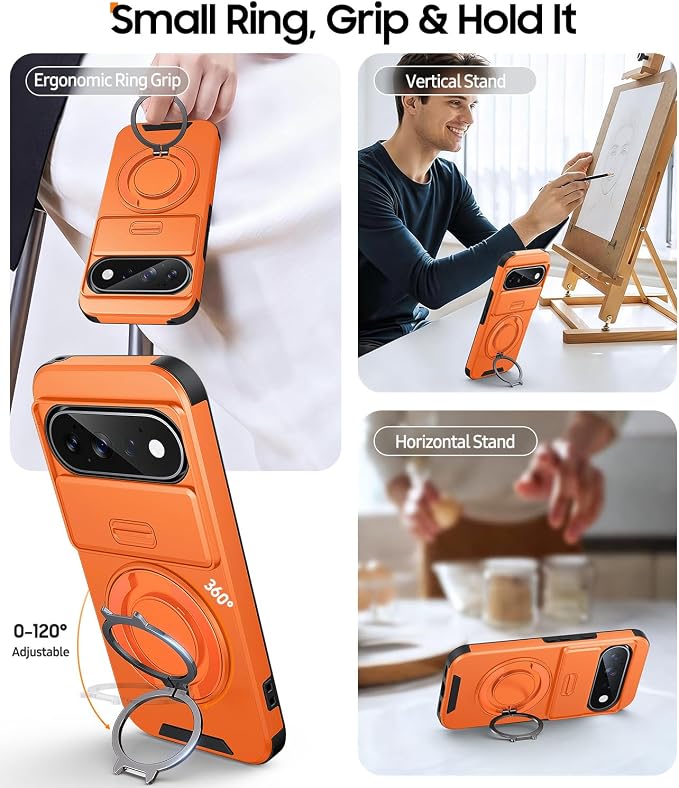JAME for Google Pixel 10/10 Pro/11/11 Pro Case, Stand & Slide Camera Cover | Ring Holder Kickstand, Screen Protectors, Dual-Layer Shockproof Protective, Magnetic Accessory Friendly Phone Case, Orange - Image 3
