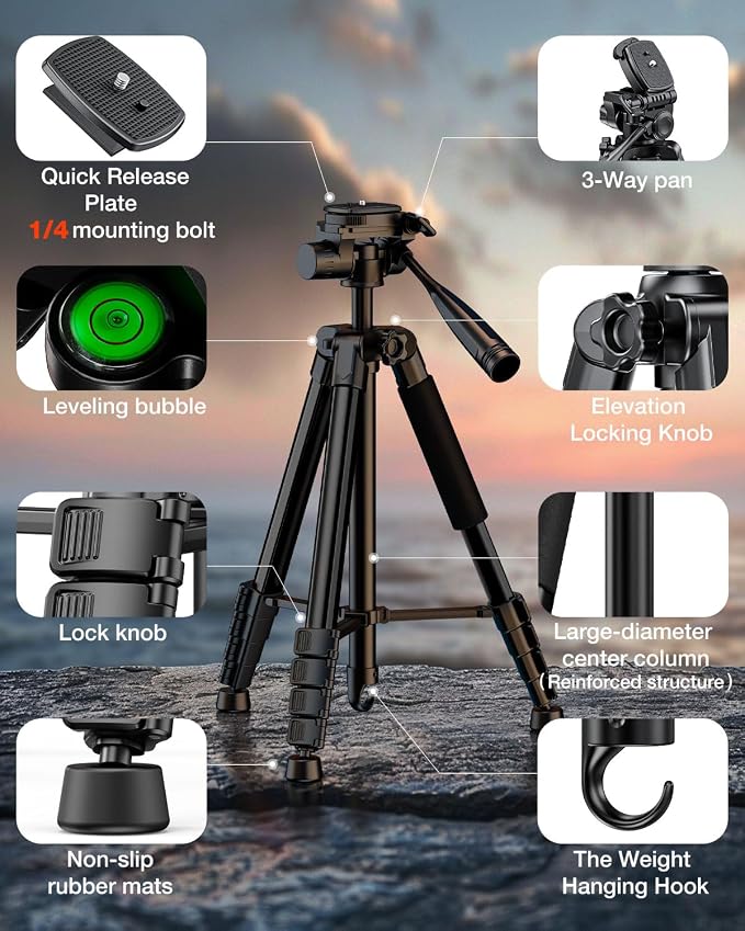 73" Camera Tripod for Camera and Phone, Aluminum Travel Tripod | DSLR Tripod with Phone Holder, Quick Release Plate, Travel Bag, Compatible with GoPro Camcorder, 8.8 lbs Load - Image 6