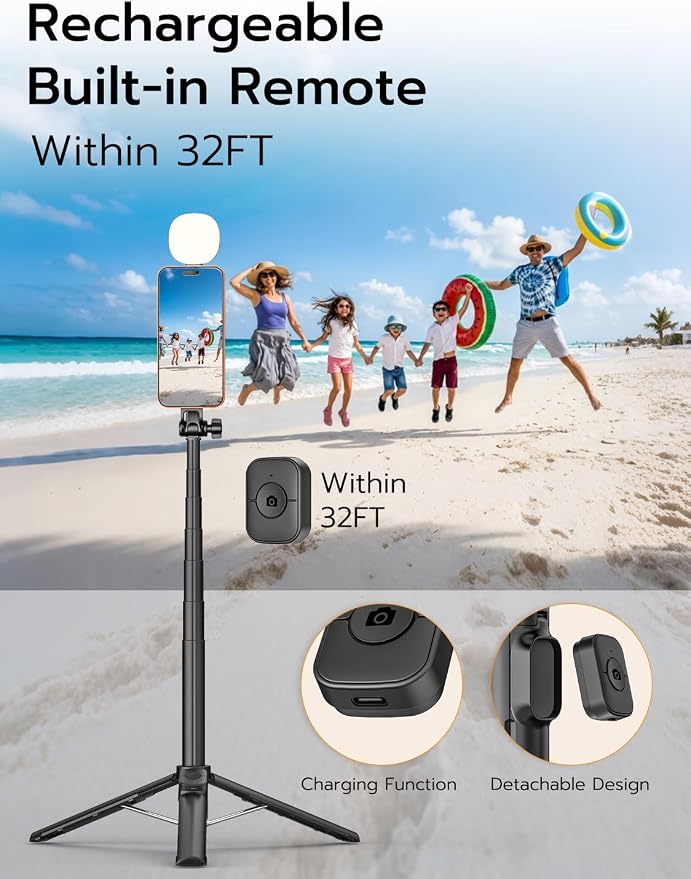 69" Magnetic Tripod for iPhone w/Magnetic Light &Remote MPT-04 | Compatible with MagSafe, For iPhone & Android, Magnetic Ring Attached, Auto-Open Phone Holder, Remote Control, 360° Rotation - Image 7
