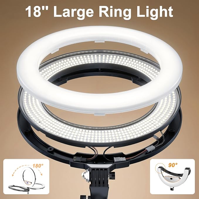 18" Ring Light with Stand: Touch Screen LED Display & 60" Tall Tripod, | 3 Color modes 6500K / 2 USB Ports Foldable LED Big Ring Light Tripod for Live Stream,YouTube,TikTok Video Shooting - Image 9