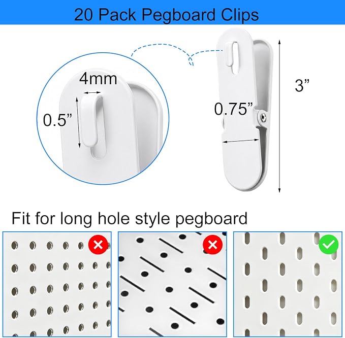 Jucoan 20 Pack White Metal Pegboard Accessories Clips for Photos, Pictures | Fit for 1/4" Oval Holes Pegboard, Pegboard Attachment Clips for Wall Office Kitchen Dorm Craft Room Display Organization - Image 2