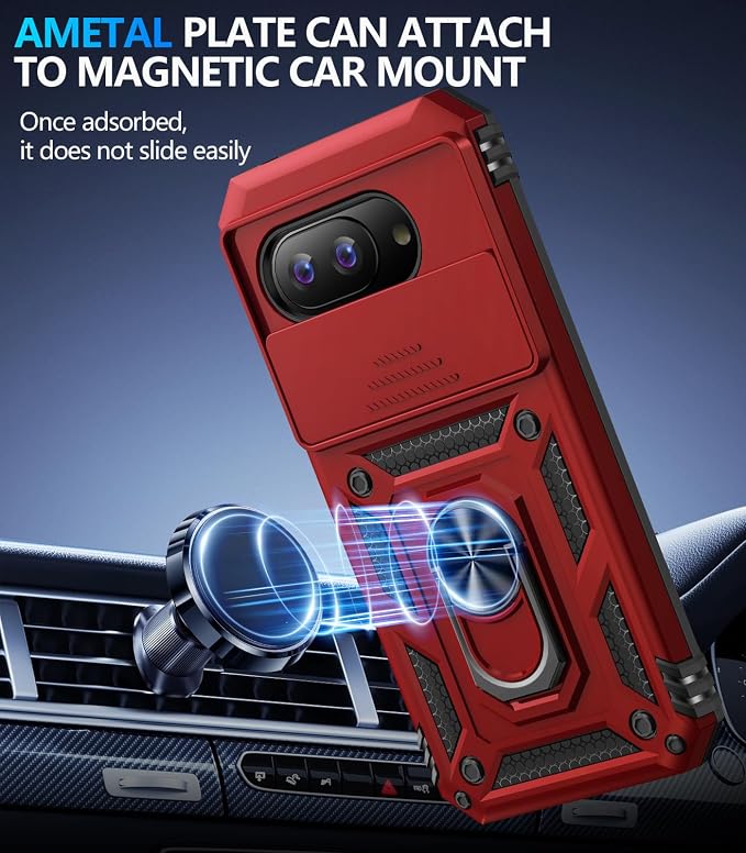 Taisairu for Google Pixel 10A Case with Screen Protector & Slide Camera Lens Cover,Built-in 360°Rotate Magnetic Ring Stand Shockproof Protective Phone Case for Google Pixel 10A Case (Red) - Image 5