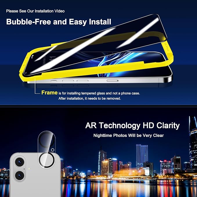 QHOHQ for iPhone 16 Plus Privacy Screen Protector + Camera Lens Protector | 3+3Pack Tempered Glass, Military Grade Shatterproof, Anti Spy Glass, Full Edge Coverage, Ultra Durable,With Installation Tool - Image 8