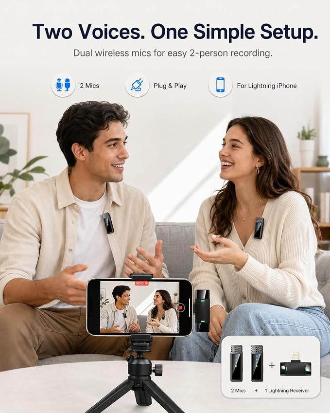 Wireless Lavalier Microphone for iPhone14/13/12, 2 Mics, Lightning Receiver | 2 Clip-On Mics with Noise Reduction, 34h Using Time with Charging Case, 48kHz Audio 66ft Range for iPhone Video Recording - Image 2